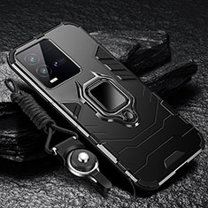 Silikon Hülle Handyhülle und Kunststoff Schutzhülle Tasche mit Magnetisch Fingerring Ständer R01 für Vivo iQOO 10 5G Schwarz