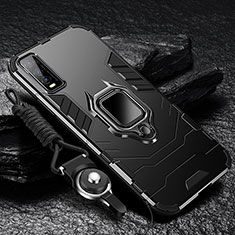 Silikon Hülle Handyhülle und Kunststoff Schutzhülle Tasche mit Magnetisch Fingerring Ständer R01 für Vivo iQOO U1 Schwarz
