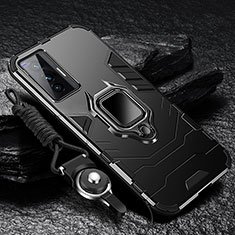 Silikon Hülle Handyhülle und Kunststoff Schutzhülle Tasche mit Magnetisch Fingerring Ständer R01 für Vivo X70 5G Schwarz