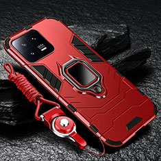 Silikon Hülle Handyhülle und Kunststoff Schutzhülle Tasche mit Magnetisch Fingerring Ständer R01 für Xiaomi Mi 13 5G Rot