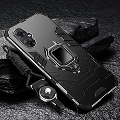 Silikon Hülle Handyhülle und Kunststoff Schutzhülle Tasche mit Magnetisch Fingerring Ständer R01 für Xiaomi Poco M4 5G Schwarz