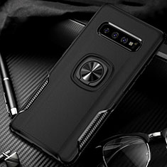 Silikon Hülle Handyhülle und Kunststoff Schutzhülle Tasche mit Magnetisch Fingerring Ständer R02 für Samsung Galaxy S10 Plus Schwarz