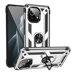 Silikon Hülle Handyhülle und Kunststoff Schutzhülle Tasche mit Magnetisch Fingerring Ständer R02 für Xiaomi Mi 11 Lite 5G Silber