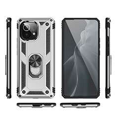 Silikon Hülle Handyhülle und Kunststoff Schutzhülle Tasche mit Magnetisch Fingerring Ständer R03 für Xiaomi Mi 11 Lite 5G NE Silber