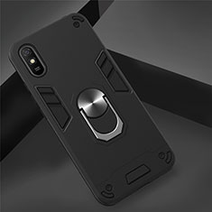 Silikon Hülle Handyhülle und Kunststoff Schutzhülle Tasche mit Magnetisch Fingerring Ständer R04 für Xiaomi Redmi 9A Schwarz