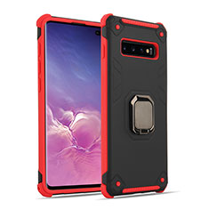 Silikon Hülle Handyhülle und Kunststoff Schutzhülle Tasche mit Magnetisch Fingerring Ständer T01 für Samsung Galaxy S10 Plus Rot und Schwarz