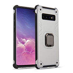 Silikon Hülle Handyhülle und Kunststoff Schutzhülle Tasche mit Magnetisch Fingerring Ständer T01 für Samsung Galaxy S10 Silber