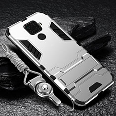 Silikon Hülle Handyhülle und Kunststoff Schutzhülle Tasche mit Magnetisch Ständer für Huawei Nova 5i Pro Silber