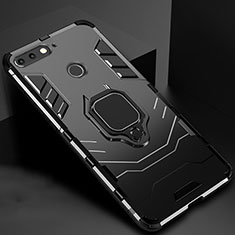 Silikon Hülle Handyhülle und Kunststoff Schutzhülle Tasche mit Magnetisch Ständer für Huawei Y6 (2018) Schwarz