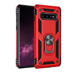 Silikon Hülle Handyhülle und Kunststoff Schutzhülle Tasche mit Magnetisch Ständer für Samsung Galaxy S10 5G Rot