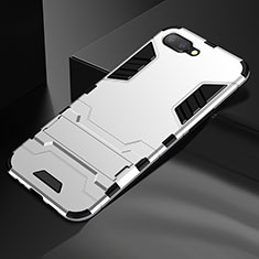 Silikon Hülle Handyhülle und Kunststoff Schutzhülle Tasche mit Ständer A01 für Oppo R15X Silber