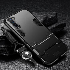 Silikon Hülle Handyhülle und Kunststoff Schutzhülle Tasche mit Ständer für Oppo F15 Schwarz