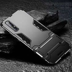Silikon Hülle Handyhülle und Kunststoff Schutzhülle Tasche mit Ständer für Oppo Find X2 Neo Schwarz