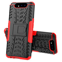 Silikon Hülle Handyhülle und Kunststoff Schutzhülle Tasche mit Ständer für Samsung Galaxy A90 4G Rot