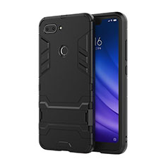 Silikon Hülle Handyhülle und Kunststoff Schutzhülle Tasche mit Ständer für Xiaomi Mi 8 Lite Schwarz