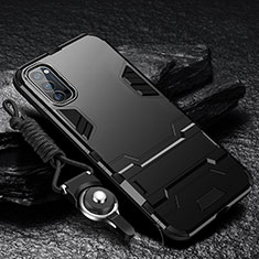 Silikon Hülle Handyhülle und Kunststoff Schutzhülle Tasche mit Ständer R01 für Oppo Reno4 5G Schwarz