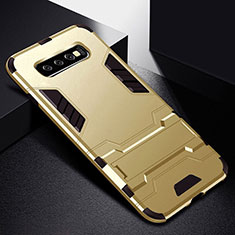 Silikon Hülle Handyhülle und Kunststoff Schutzhülle Tasche mit Ständer R02 für Samsung Galaxy S10 Gold