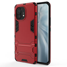 Silikon Hülle Handyhülle und Kunststoff Schutzhülle Tasche mit Ständer R02 für Xiaomi Mi 11 5G Rot