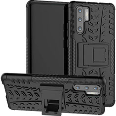 Silikon Hülle Handyhülle und Kunststoff Schutzhülle Tasche mit Ständer R03 für Huawei P30 Pro Schwarz