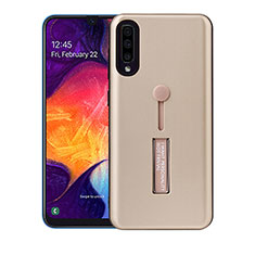 Silikon Hülle Handyhülle und Kunststoff Schutzhülle Tasche mit Ständer R04 für Samsung Galaxy A70 Gold