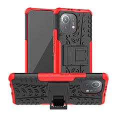 Silikon Hülle Handyhülle und Kunststoff Schutzhülle Tasche mit Ständer R06 für Xiaomi Mi 11 Lite 5G NE Rot
