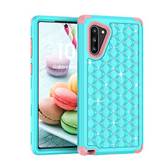 Silikon Hülle Handyhülle und Kunststoff Schutzhülle Tasche Vorder und Rückseite 360 Grad Bling-Bling U01 für Samsung Galaxy Note 10 5G Cyan