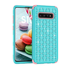 Silikon Hülle Handyhülle und Kunststoff Schutzhülle Tasche Vorder und Rückseite 360 Grad Bling-Bling U01 für Samsung Galaxy S10 Cyan