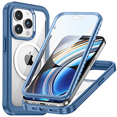 Silikon Schutzhülle Rahmen Tasche Hülle Durchsichtig Transparent 360 Grad Ganzkörper mit Mag-Safe Magnetic Magnetisch T01 für Apple iPhone 14 Pro Blau