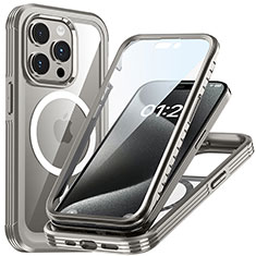 Silikon Schutzhülle Rahmen Tasche Hülle Durchsichtig Transparent 360 Grad Ganzkörper mit Mag-Safe Magnetic Magnetisch T01 für Apple iPhone 16 Pro Max Grau