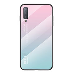 Silikon Schutzhülle Rahmen Tasche Hülle Spiegel Farbverlauf Regenbogen für Samsung Galaxy A7 (2018) A750 Cyan