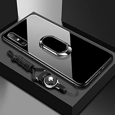 Silikon Schutzhülle Rahmen Tasche Hülle Spiegel mit Fingerring Ständer für Huawei Enjoy 10e Schwarz