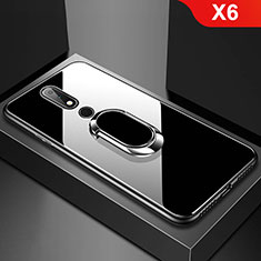 Silikon Schutzhülle Rahmen Tasche Hülle Spiegel mit Fingerring Ständer für Nokia X6 Schwarz