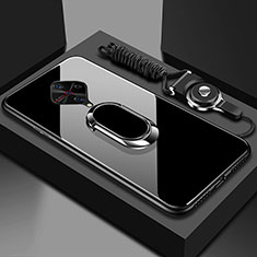 Silikon Schutzhülle Rahmen Tasche Hülle Spiegel mit Magnetisch Fingerring Ständer für Vivo X50 Lite Schwarz