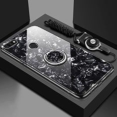 Silikon Schutzhülle Rahmen Tasche Hülle Spiegel mit Magnetisch Fingerring Ständer M01 für Huawei Y6 (2018) Schwarz