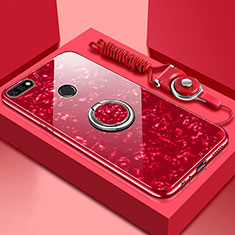 Silikon Schutzhülle Rahmen Tasche Hülle Spiegel mit Magnetisch Fingerring Ständer M01 für Huawei Y6 Prime (2018) Rot