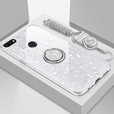 Silikon Schutzhülle Rahmen Tasche Hülle Spiegel mit Magnetisch Fingerring Ständer M01 für Huawei Y6 Prime (2018) Weiß