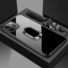 Silikon Schutzhülle Rahmen Tasche Hülle Spiegel mit Magnetisch Fingerring Ständer T01 für Apple iPhone 11 Pro Schwarz