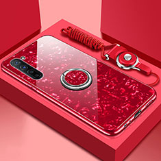 Silikon Schutzhülle Rahmen Tasche Hülle Spiegel mit Magnetisch Fingerring Ständer T01 für Oppo F15 Rot
