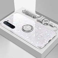Silikon Schutzhülle Rahmen Tasche Hülle Spiegel mit Magnetisch Fingerring Ständer T01 für Oppo F15 Weiß