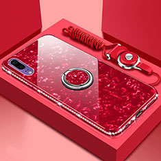 Silikon Schutzhülle Rahmen Tasche Hülle Spiegel mit Magnetisch Fingerring Ständer T03 für Huawei P20 Rot