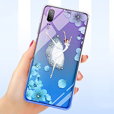 Silikon Schutzhülle Ultra Dünn Tasche Durchsichtig Transparent Blumen für Huawei P20 Blau