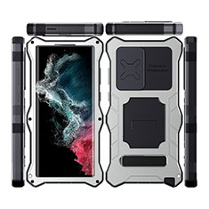 Wasserdicht Unterwasser Silikon Hülle Handyhülle und Kunststoff Waterproof Schutzhülle 360 Grad Ganzkörper Tasche mit Ständer T02 für Samsung Galaxy S22 Ultra 5G Silber