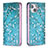 Handytasche Stand Schutzhülle Flip Leder Hülle Blumen für Apple iPhone 13 Cyan