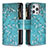 Handytasche Stand Schutzhülle Flip Leder Hülle Blumen für Apple iPhone 13 Pro Cyan