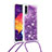 Silikon Hülle Handyhülle Gummi Schutzhülle Flexible Tasche Bling-Bling mit Schlüsselband Lanyard S03 für Samsung Galaxy A50 Violett