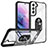 Silikon Hülle Handyhülle und Kunststoff Schutzhülle Hartschalen Tasche mit Magnetisch Fingerring Ständer T01 für Samsung Galaxy S21 5G Silber und Schwarz
