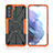 Silikon Hülle Handyhülle und Kunststoff Schutzhülle Hartschalen Tasche mit Magnetisch Fingerring Ständer T09 für Samsung Galaxy S21 FE 5G Orange