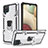 Silikon Hülle Handyhülle und Kunststoff Schutzhülle Hartschalen Tasche mit Magnetisch Fingerring Ständer YF1 für Samsung Galaxy F12 Silber