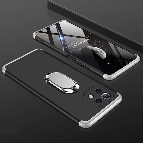 Handyhülle Hülle Hartschalen Kunststoff Schutzhülle Tasche Matt mit Magnetisch Fingerring Ständer P02 für Xiaomi Mi 11 Lite 5G Silber und Schwarz