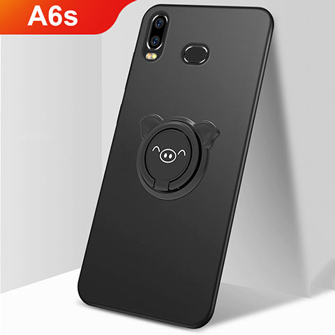 Handyhülle Hülle Kunststoff Schutzhülle Tasche Matt mit Magnetisch Fingerring Ständer A01 für Samsung Galaxy A6s Schwarz